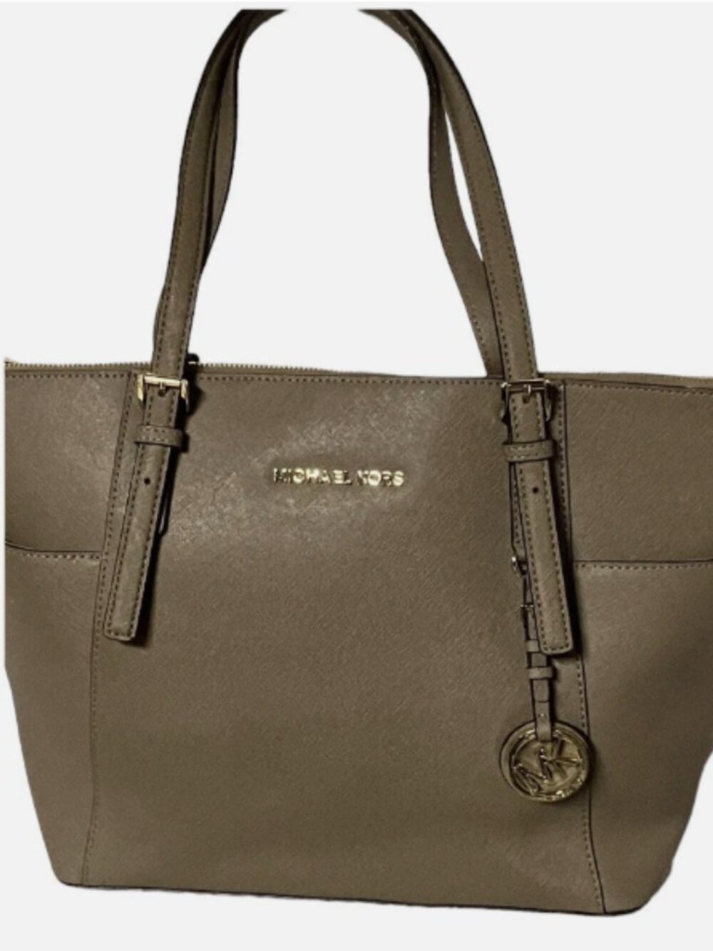 MICHAEL KORS JET SET TOP ZIP SAFFIANO LEATHER SHOULDER BAG DARK BEIGE OR TAUPE